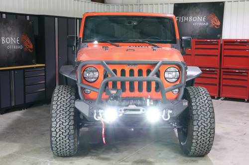 Fishbone Offroad - FISHBONE JK Front Bumper with Grill Topper and LED's, Steel, Textured Black Powder Coat, Fits JK 07-16 (FB22005)